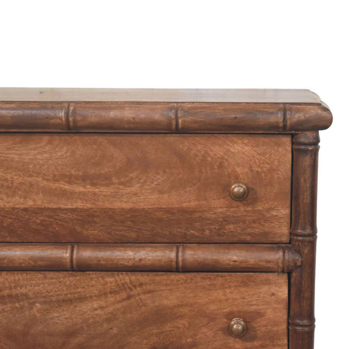 Brown Lacquered Amber Oak Solid Mango Wood Bamboo Carved 3-Drawer Chest with Spindle Legs
