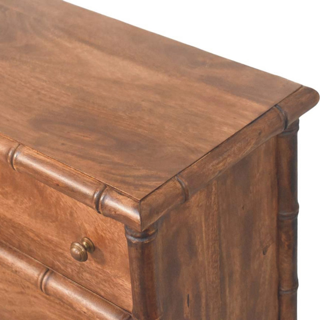 Brown Lacquered Amber Oak Solid Mango Wood Bamboo Carved 3-Drawer Chest with Spindle Legs