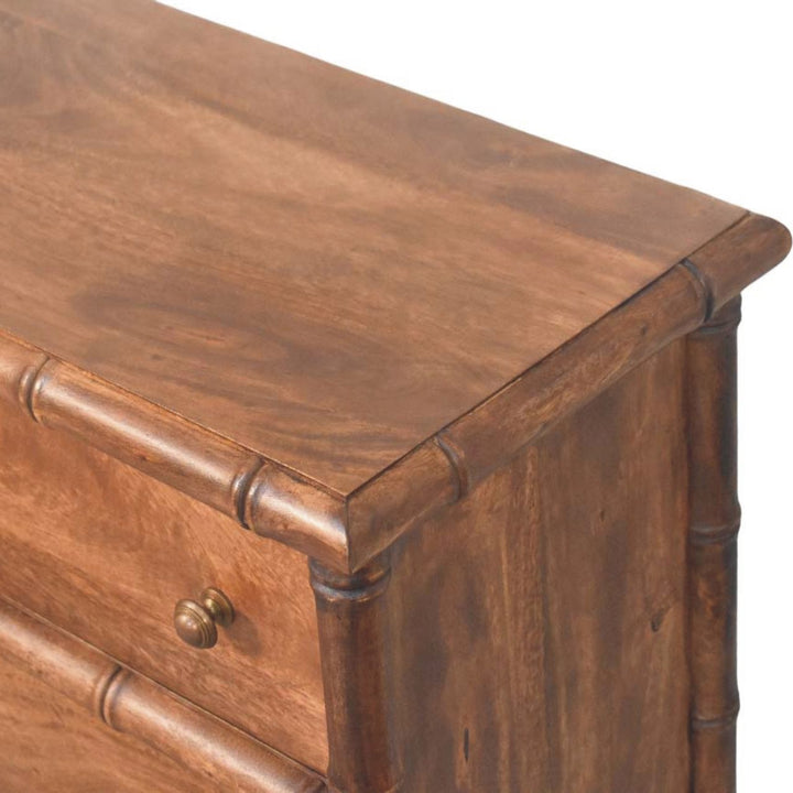 Brown Lacquered Amber Oak Solid Mango Wood Bamboo Carved 3-Drawer Chest with Spindle Legs