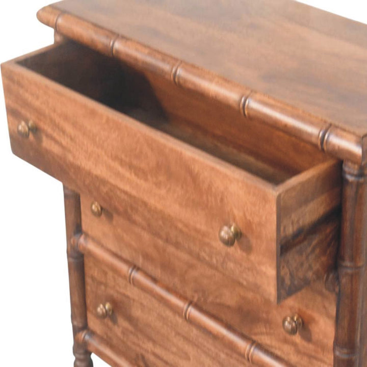 Brown Lacquered Amber Oak Solid Mango Wood Bamboo Carved 3-Drawer Chest with Spindle Legs