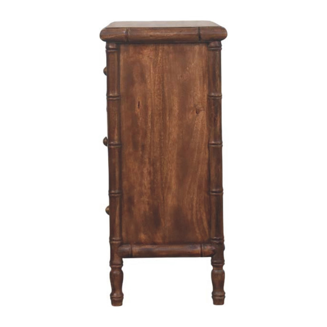 Brown Lacquered Amber Oak Solid Mango Wood Bamboo Carved 3-Drawer Chest with Spindle Legs