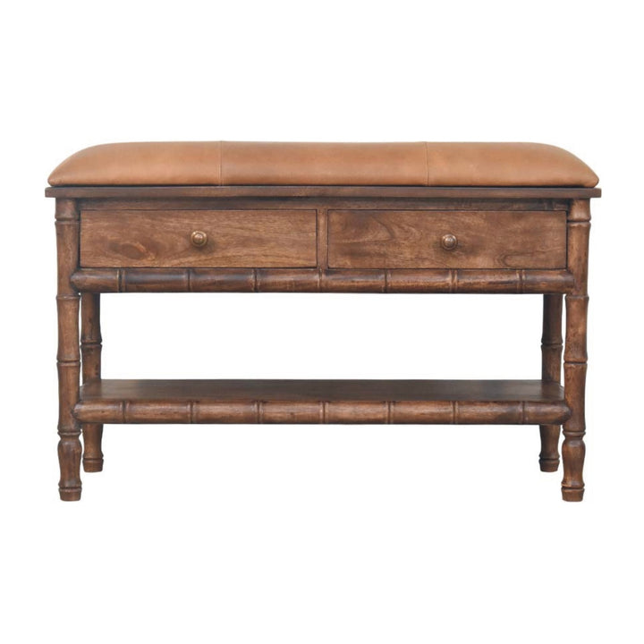 Brown Lacquered Roasted Almond Solid Mango Wood Bamboo Carved Storage Bench with Leather Seat