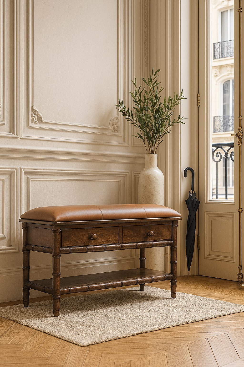 Brown Lacquered Roasted Almond Solid Mango Wood Bamboo Carved Storage Bench with Leather Seat