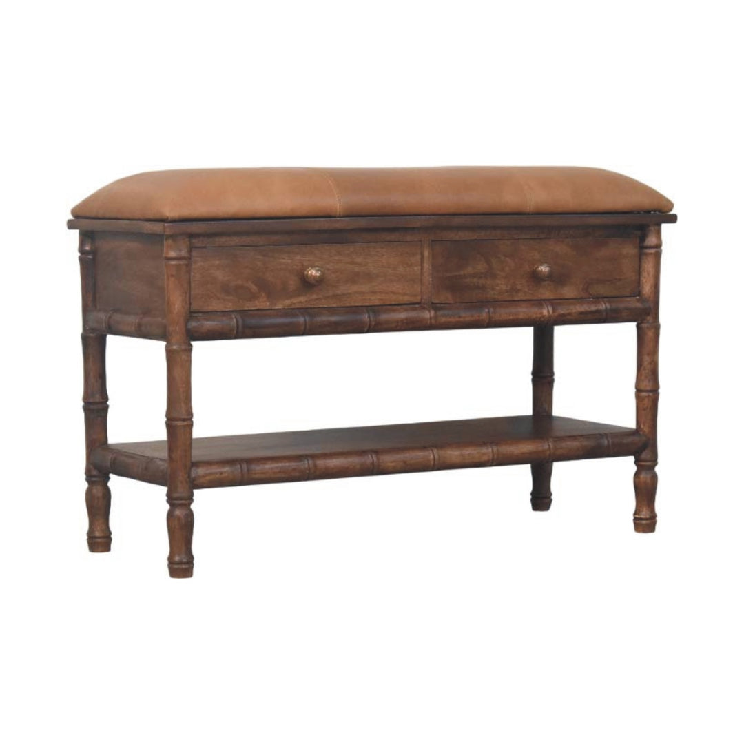 Brown Lacquered Roasted Almond Solid Mango Wood Bamboo Carved Storage Bench with Leather Seat