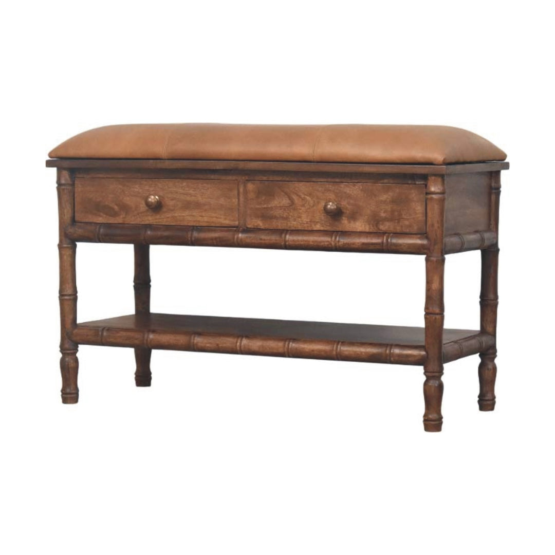Brown Lacquered Roasted Almond Solid Mango Wood Bamboo Carved Storage Bench with Leather Seat