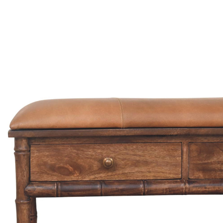 Brown Lacquered Roasted Almond Solid Mango Wood Bamboo Carved Storage Bench with Leather Seat