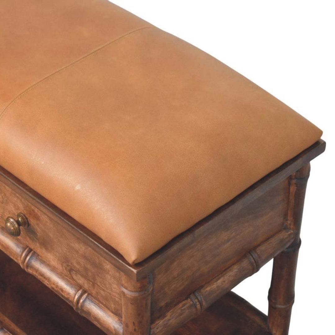 Brown Lacquered Roasted Almond Solid Mango Wood Bamboo Carved Storage Bench with Leather Seat