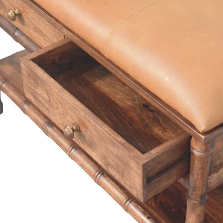 Brown Lacquered Roasted Almond Solid Mango Wood Bamboo Carved Storage Bench with Leather Seat