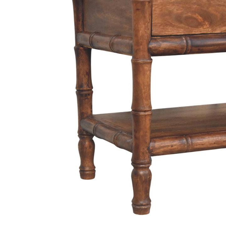 Brown Lacquered Roasted Almond Solid Mango Wood Bamboo Carved Storage Bench with Leather Seat