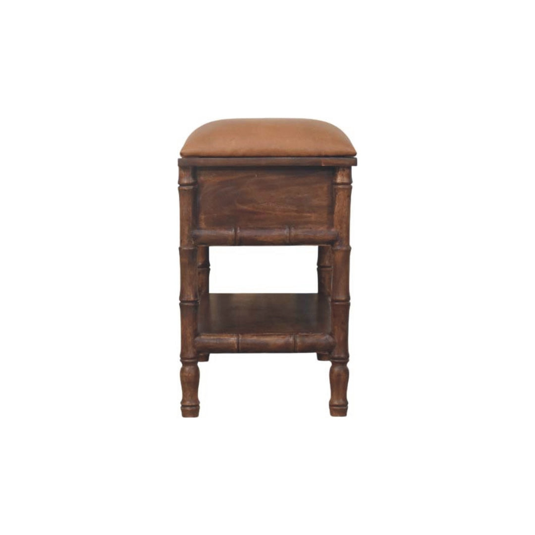 Brown Lacquered Roasted Almond Solid Mango Wood Bamboo Carved Storage Bench with Leather Seat