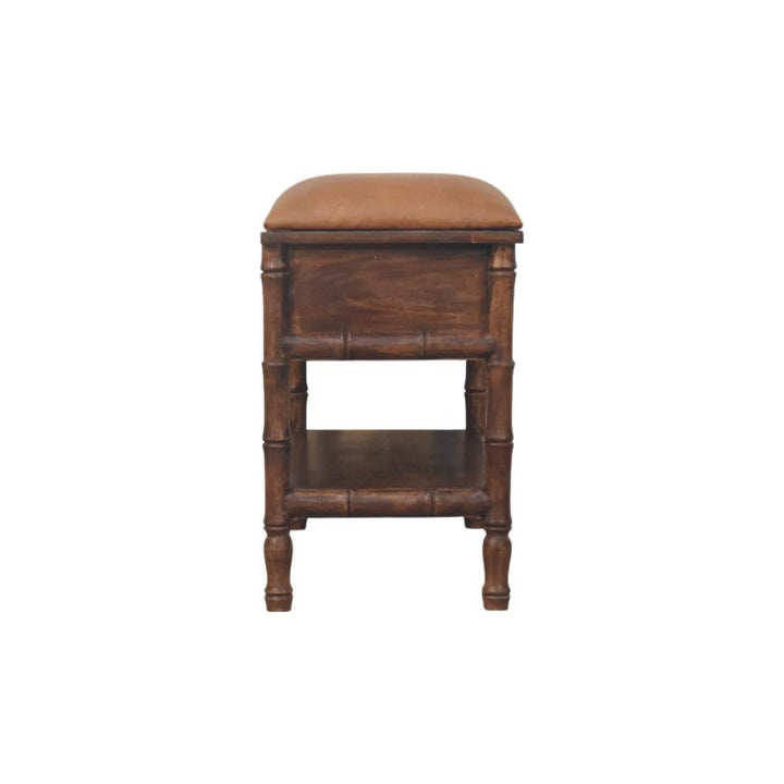 Brown Lacquered Roasted Almond Solid Mango Wood Bamboo Carved Storage Bench with Leather Seat