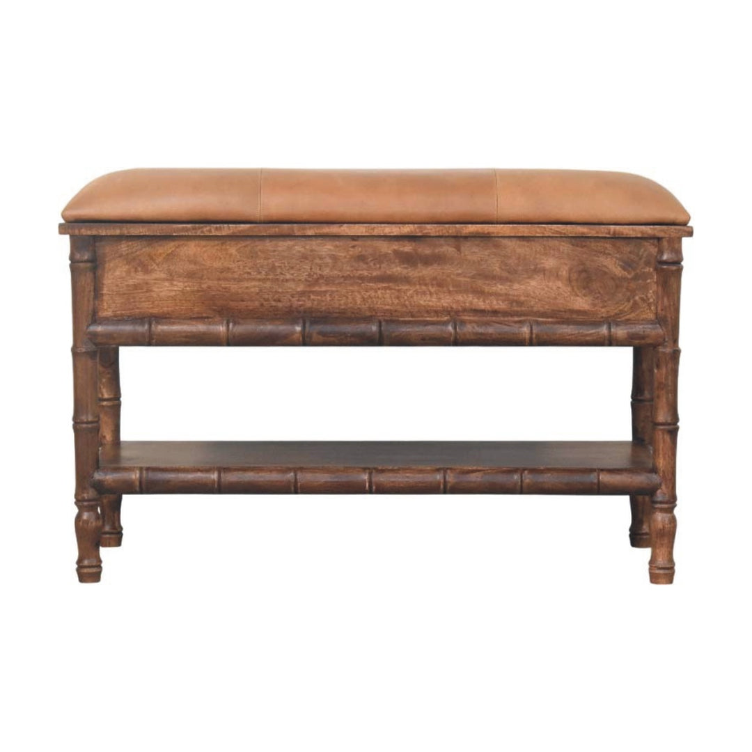 Brown Lacquered Roasted Almond Solid Mango Wood Bamboo Carved Storage Bench with Leather Seat