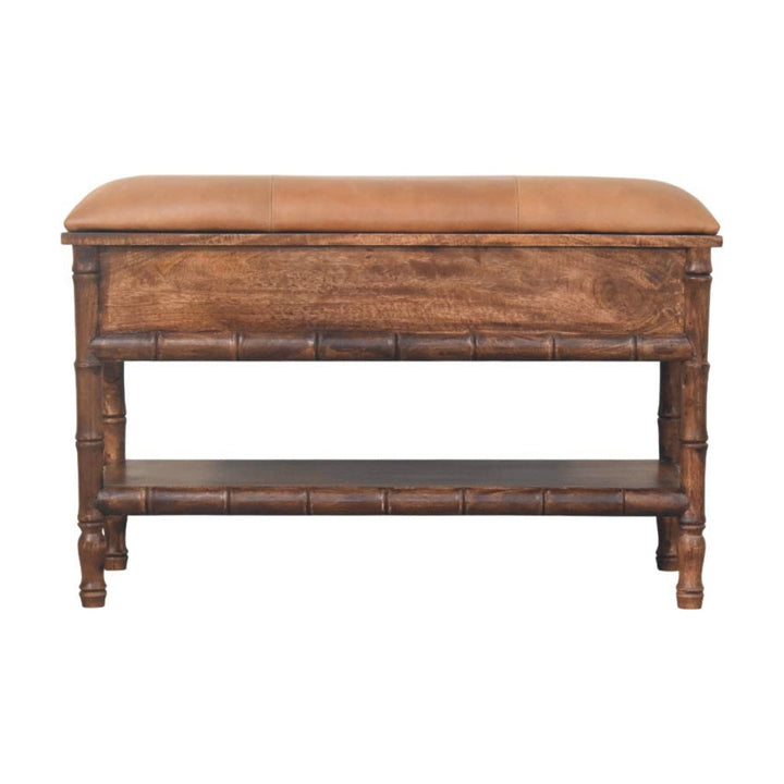 Brown Lacquered Roasted Almond Solid Mango Wood Bamboo Carved Storage Bench with Leather Seat
