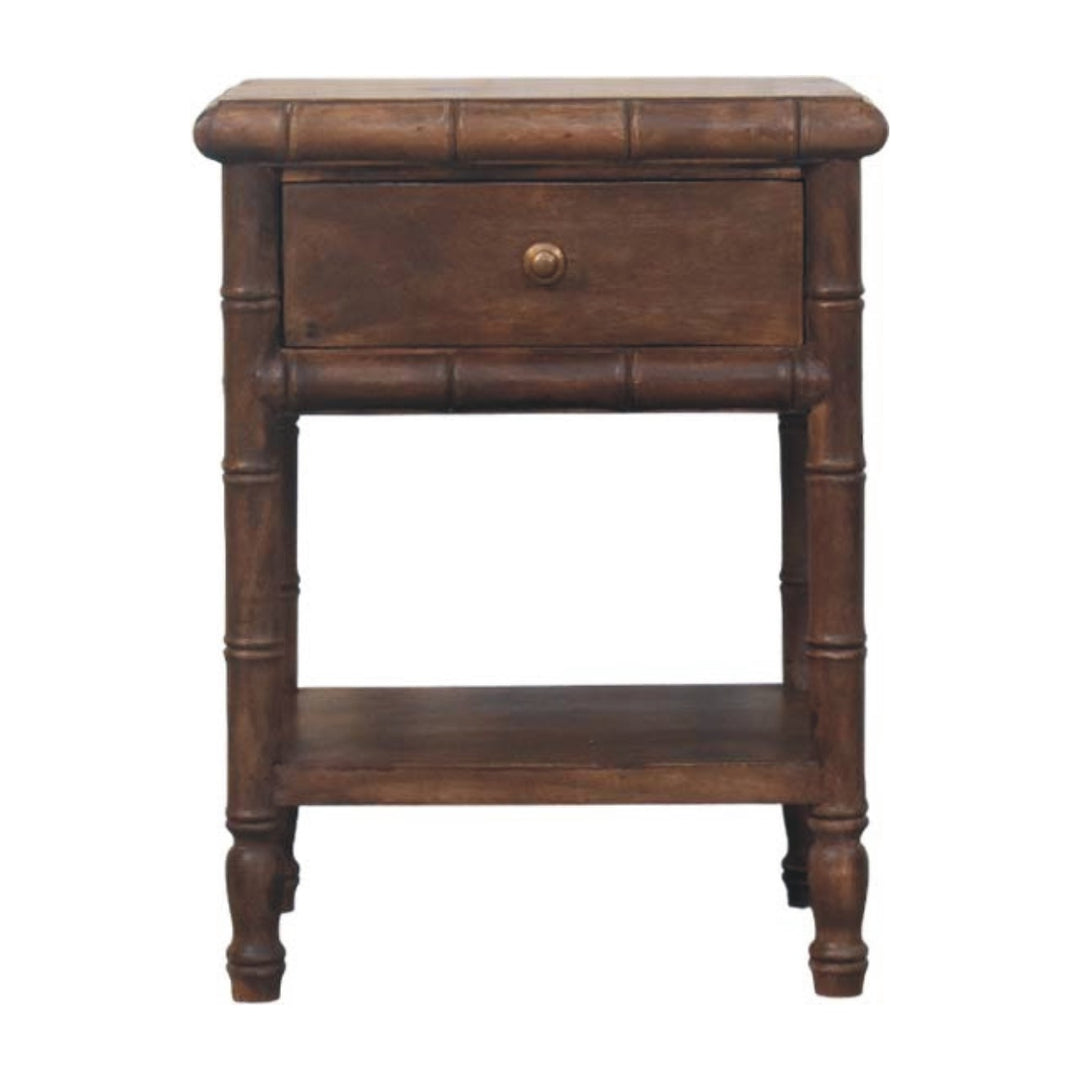Brown Lacquered Solid Mango Wood Bamboo-Carved Bedside Table with Antique Brass Knob & Shelf