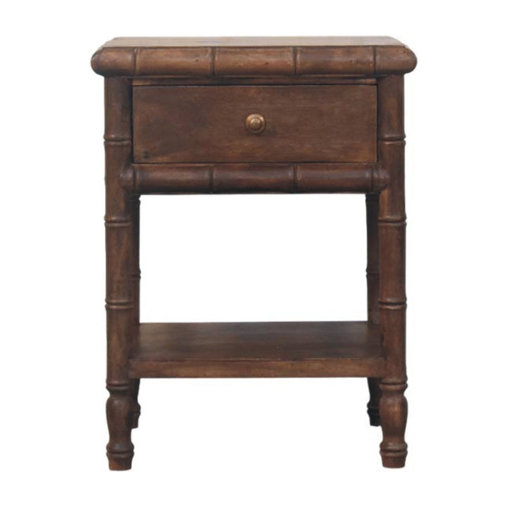 Brown Lacquered Solid Mango Wood Bamboo-Carved Bedside Table with Antique Brass Knob & Shelf