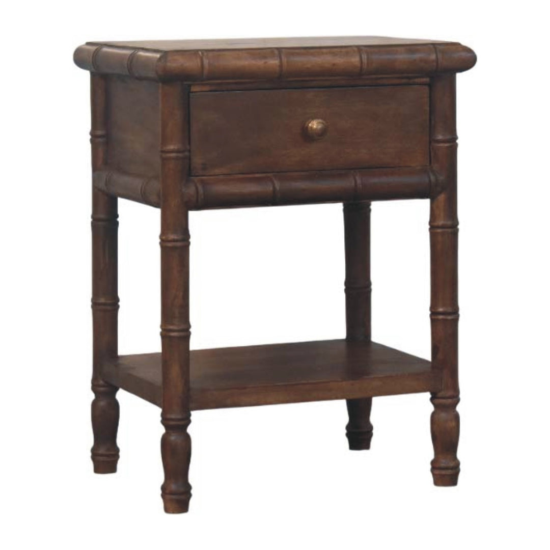 Brown Lacquered Solid Mango Wood Bamboo-Carved Bedside Table with Antique Brass Knob & Shelf