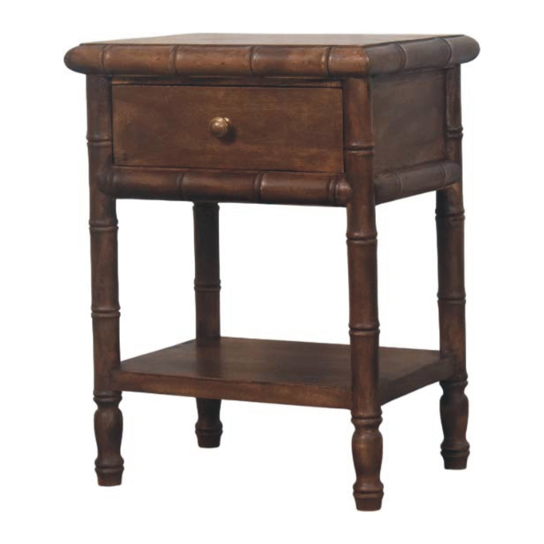 Brown Lacquered Solid Mango Wood Bamboo-Carved Bedside Table with Antique Brass Knob & Shelf