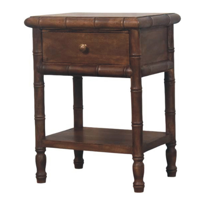 Brown Lacquered Solid Mango Wood Bamboo-Carved Bedside Table with Antique Brass Knob & Shelf