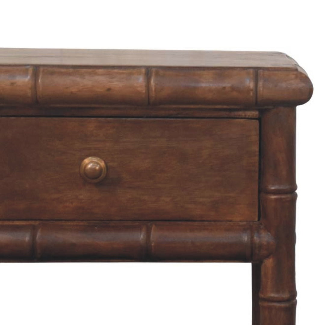 Brown Lacquered Solid Mango Wood Bamboo-Carved Bedside Table with Antique Brass Knob & Shelf