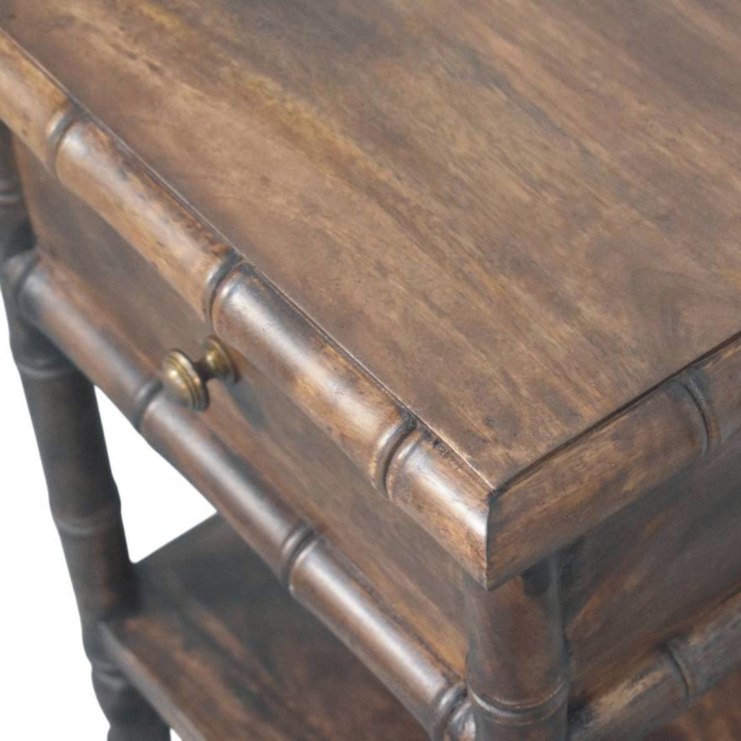 Brown Lacquered Solid Mango Wood Bamboo-Carved Bedside Table with Antique Brass Knob & Shelf