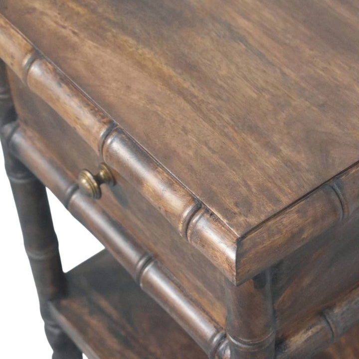 Brown Lacquered Solid Mango Wood Bamboo-Carved Bedside Table with Antique Brass Knob & Shelf