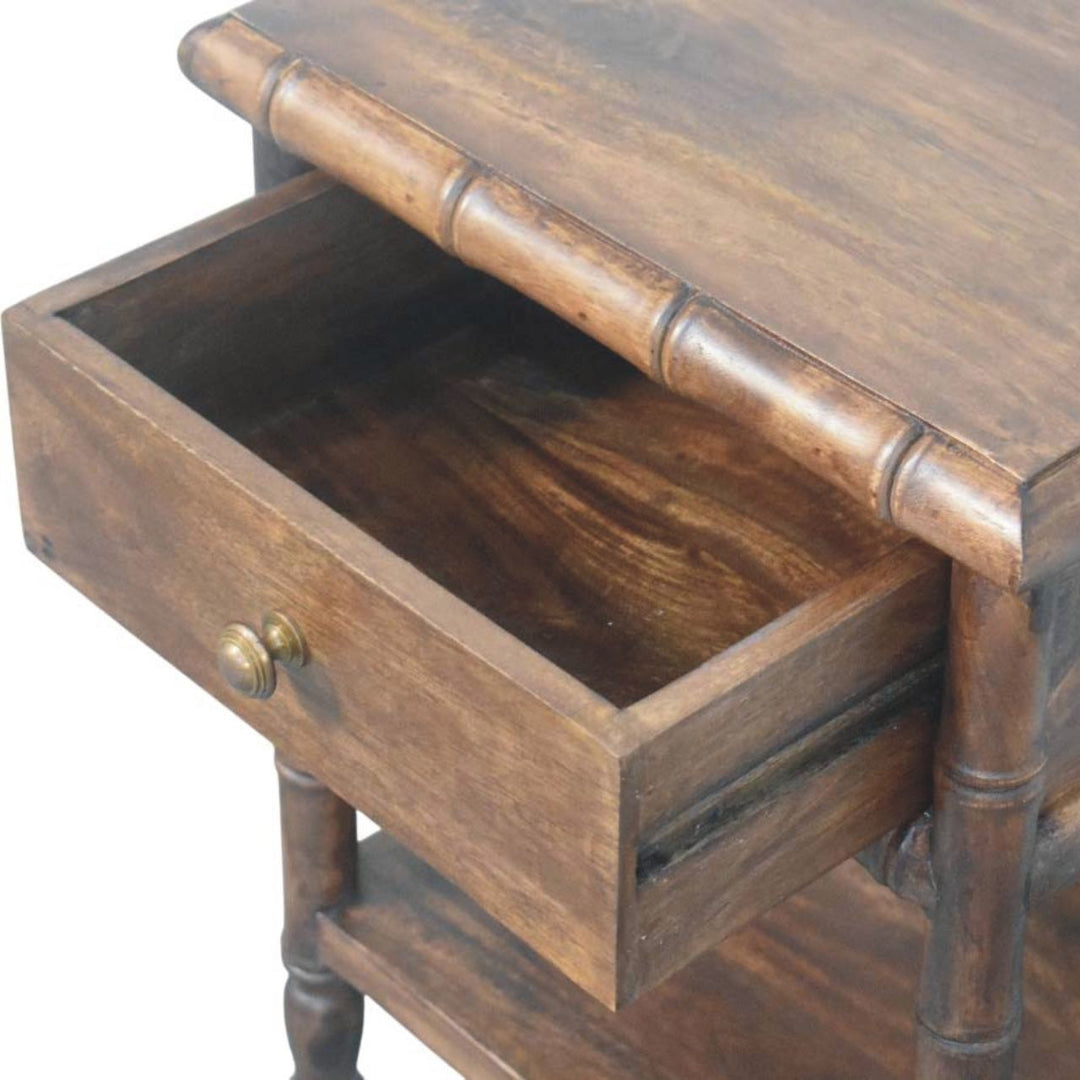 Brown Lacquered Solid Mango Wood Bamboo-Carved Bedside Table with Antique Brass Knob & Shelf