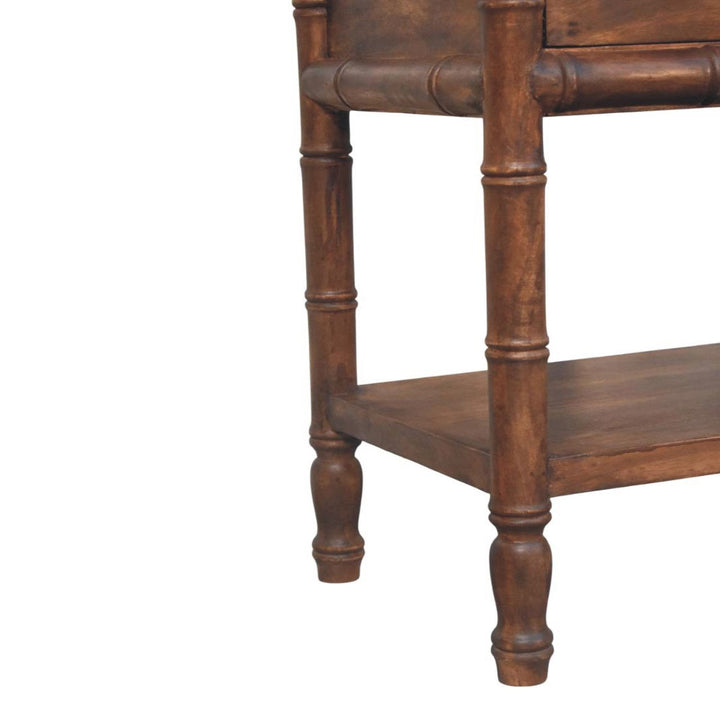 Brown Lacquered Solid Mango Wood Bamboo-Carved Bedside Table with Antique Brass Knob & Shelf