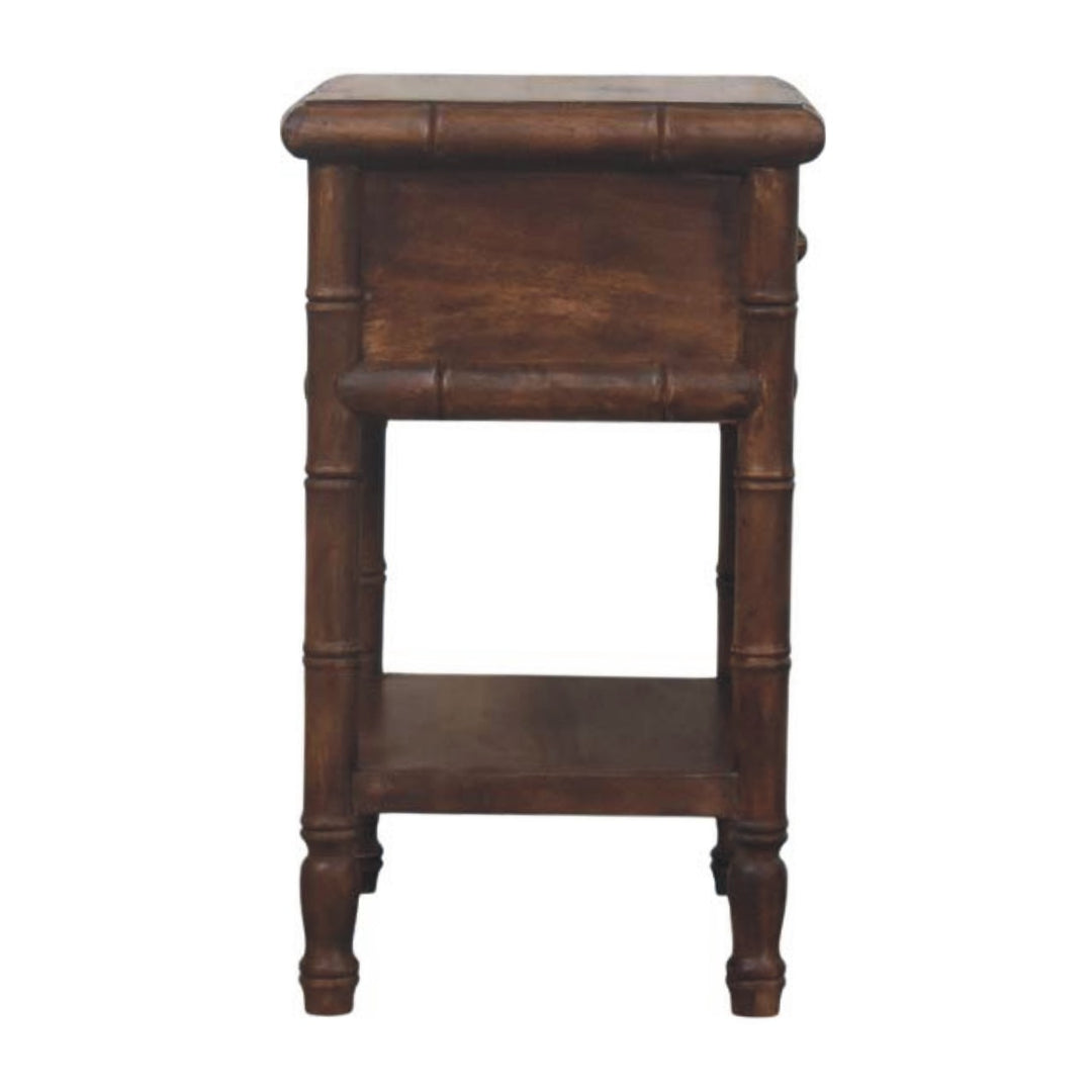 Brown Lacquered Solid Mango Wood Bamboo-Carved Bedside Table with Antique Brass Knob & Shelf