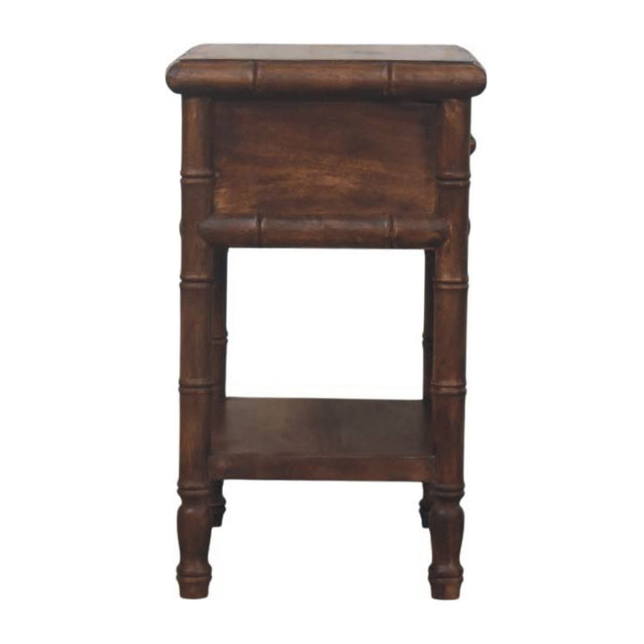 Brown Lacquered Solid Mango Wood Bamboo-Carved Bedside Table with Antique Brass Knob & Shelf