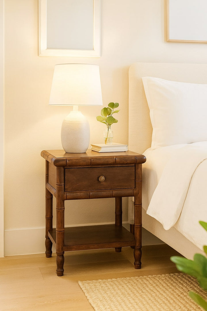 Brown Lacquered Solid Mango Wood Bamboo-Carved Bedside Table with Antique Brass Knob & Shelf