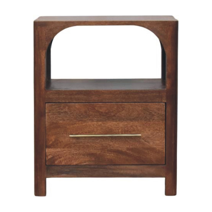 Brown Lacquered Chestnut Solid Mango Wood Arc-Line Bedside Table with 1 Drawer & Open Niche