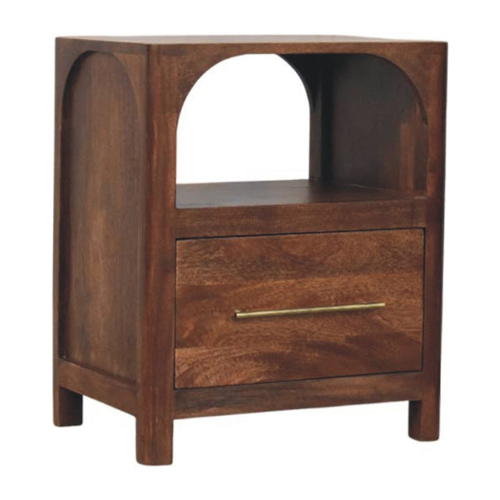 Brown Lacquered Chestnut Solid Mango Wood Arc-Line Bedside Table with 1 Drawer & Open Niche