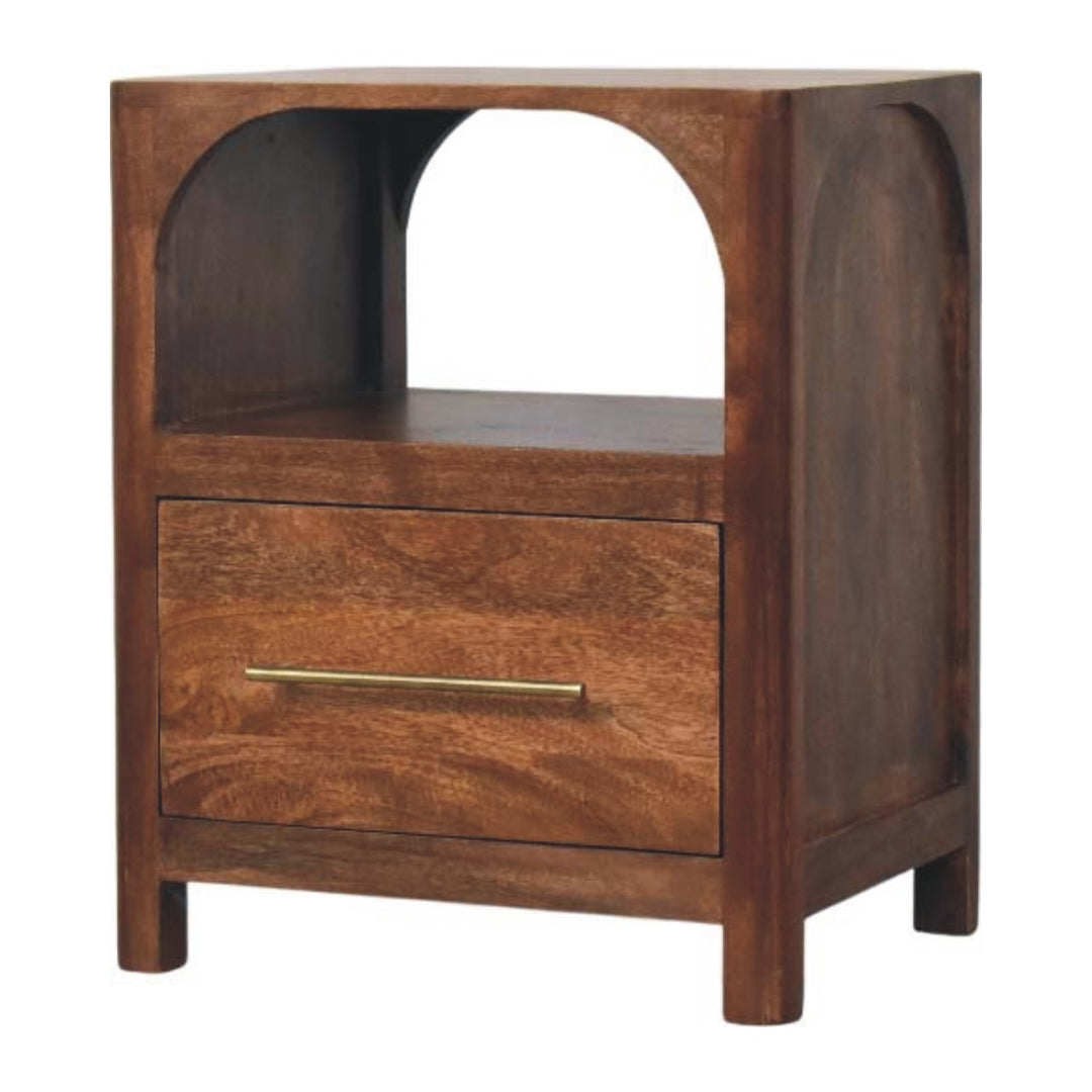 Brown Lacquered Chestnut Solid Mango Wood Arc-Line Bedside Table with 1 Drawer & Open Niche