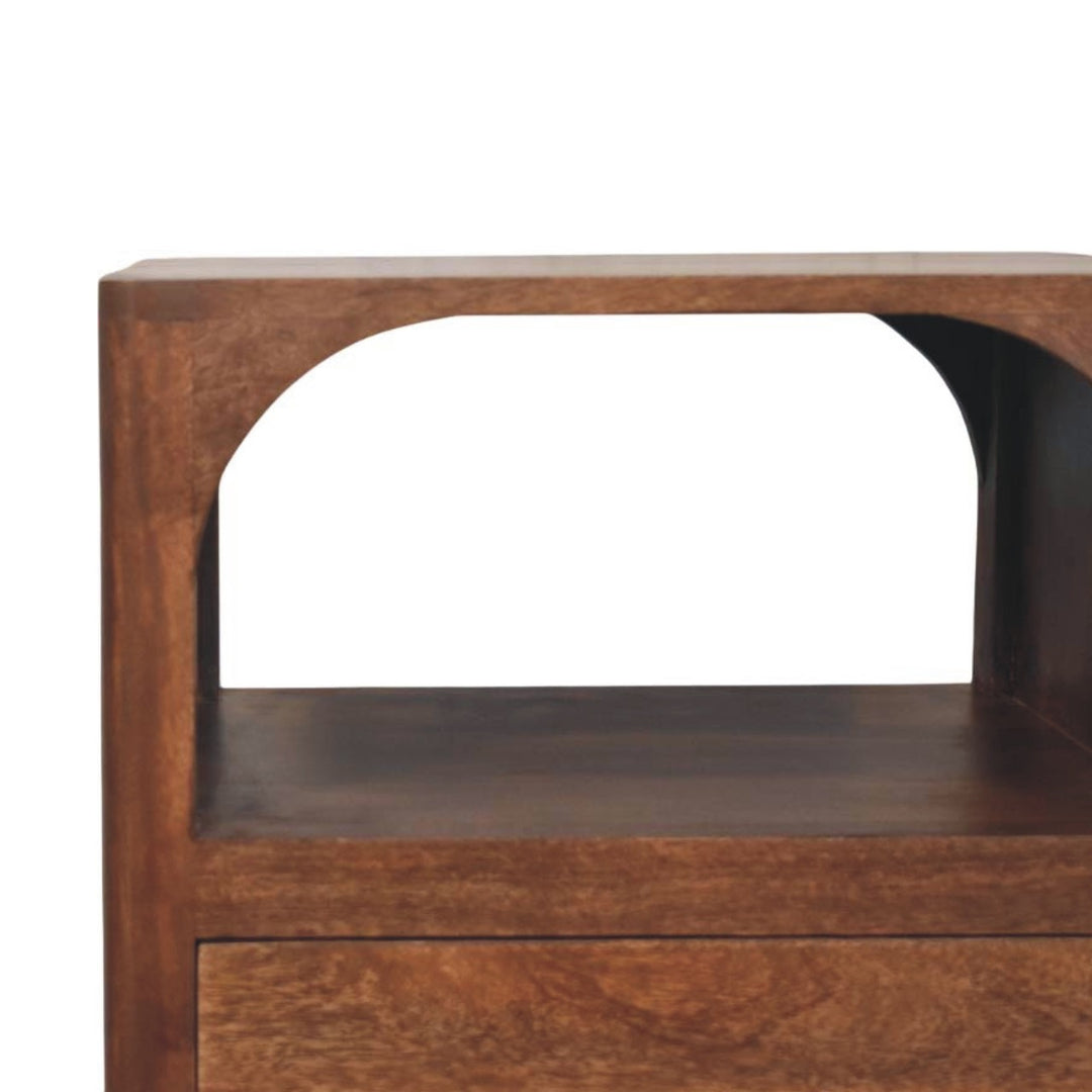 Brown Lacquered Chestnut Solid Mango Wood Arc-Line Bedside Table with 1 Drawer & Open Niche