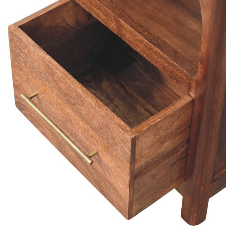 Brown Lacquered Chestnut Solid Mango Wood Arc-Line Bedside Table with 1 Drawer & Open Niche