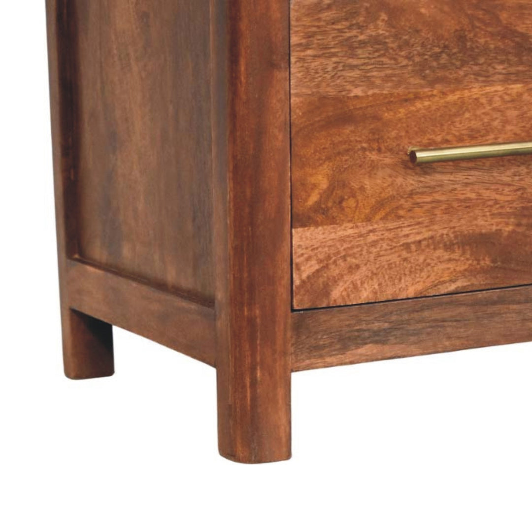 Brown Lacquered Chestnut Solid Mango Wood Arc-Line Bedside Table with 1 Drawer & Open Niche