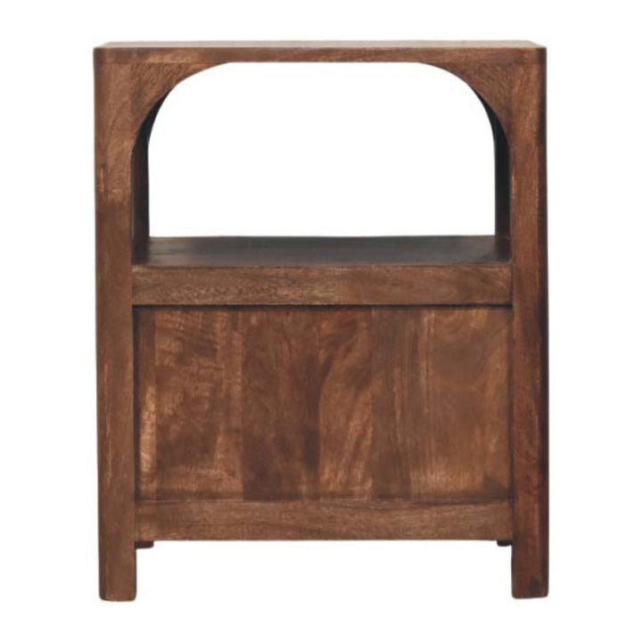Brown Lacquered Chestnut Solid Mango Wood Arc-Line Bedside Table with 1 Drawer & Open Niche