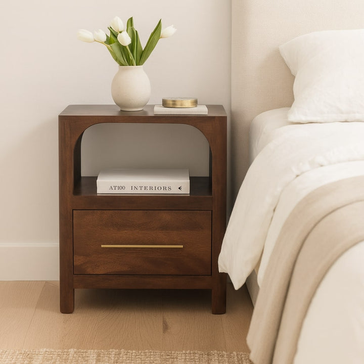 Brown Lacquered Chestnut Solid Mango Wood Arc-Line Bedside Table with 1 Drawer & Open Niche