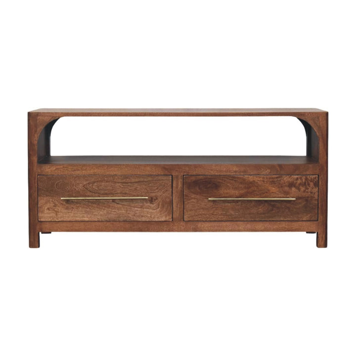 Brown Lacquered Roasted Almond Solid Mango Wood Arc-Line Multimedia Console with Open Niche & Drawers