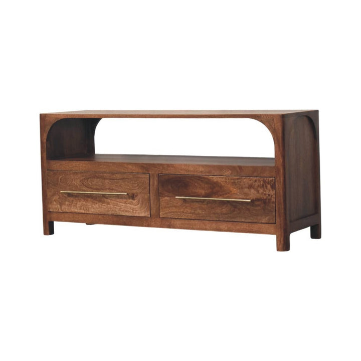 Brown Lacquered Roasted Almond Solid Mango Wood Arc-Line Multimedia Console with Open Niche & Drawers