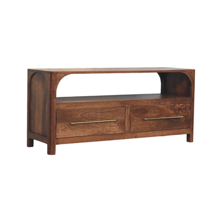 Brown Lacquered Roasted Almond Solid Mango Wood Arc-Line Multimedia Console with Open Niche & Drawers