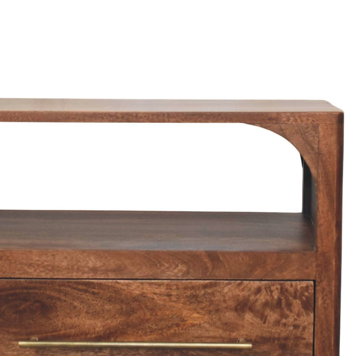 Brown Lacquered Roasted Almond Solid Mango Wood Arc-Line Multimedia Console with Open Niche & Drawers