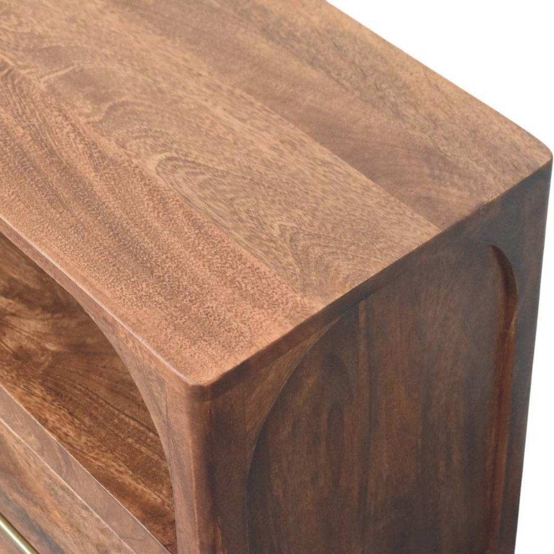 Brown Lacquered Roasted Almond Solid Mango Wood Arc-Line Multimedia Console with Open Niche & Drawers