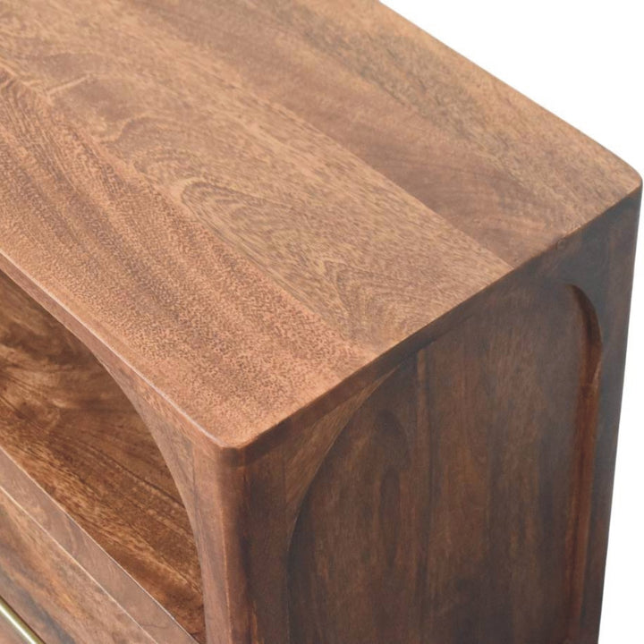 Brown Lacquered Roasted Almond Solid Mango Wood Arc-Line Multimedia Console with Open Niche & Drawers