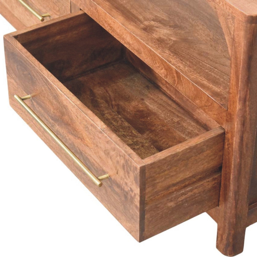Brown Lacquered Roasted Almond Solid Mango Wood Arc-Line Multimedia Console with Open Niche & Drawers