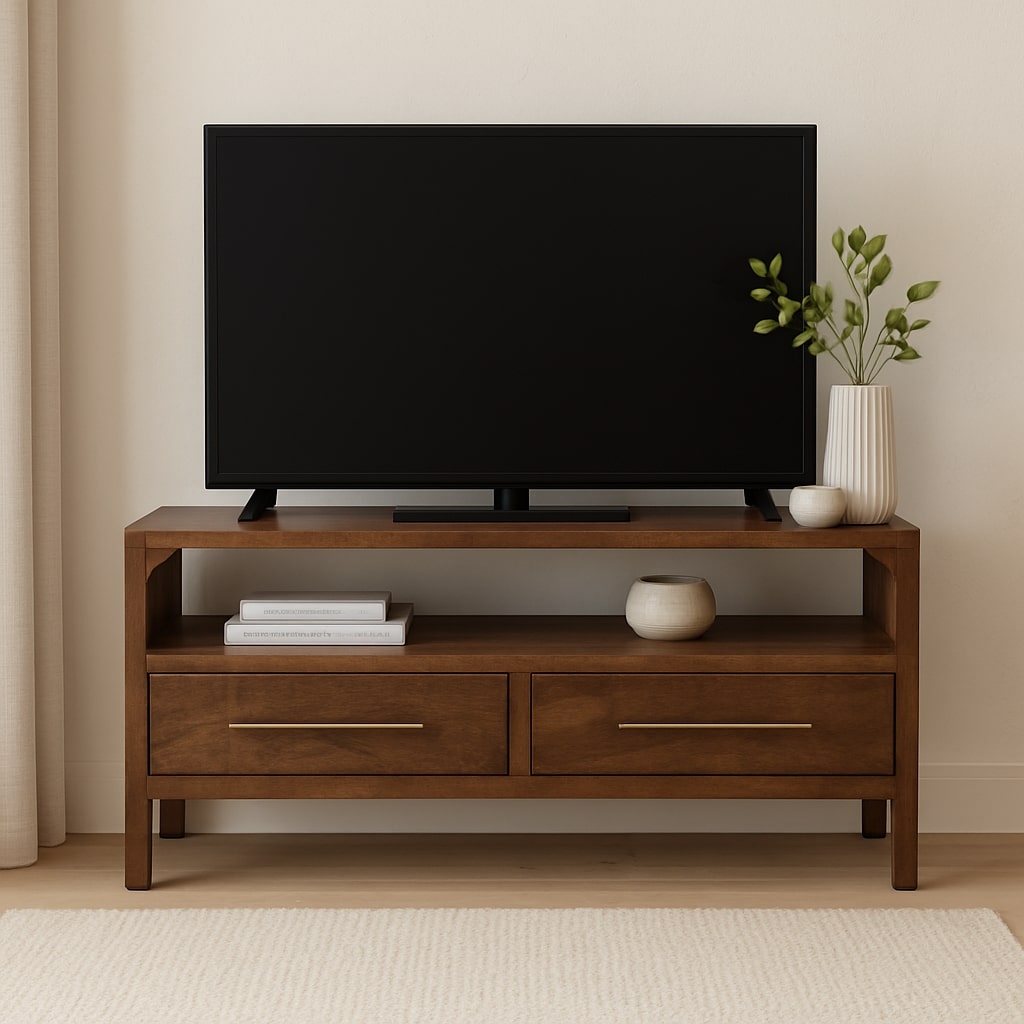 Brown Lacquered Roasted Almond Solid Mango Wood Arc-Line Multimedia Console with Open Niche & Drawers