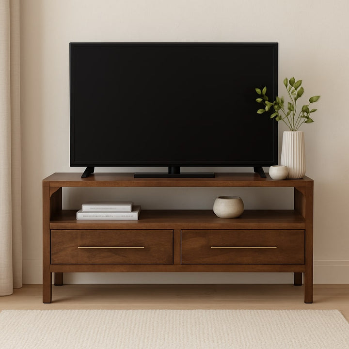 Brown Lacquered Roasted Almond Solid Mango Wood Arc-Line Multimedia Console with Open Niche & Drawers