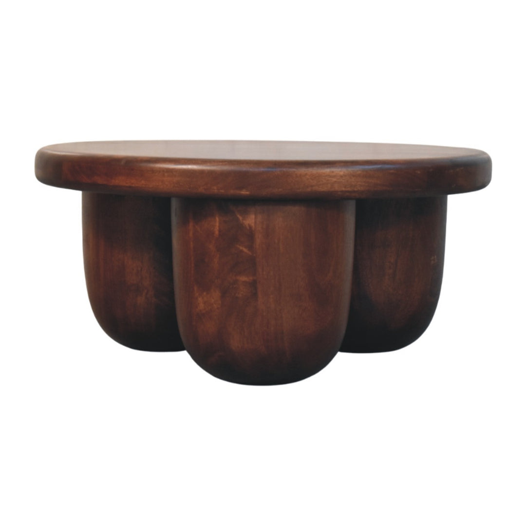 Brown Lacquered Winewood Oak Solid Mango Wood Clara Carved Coffee Table with Sculptural Pillar Legs