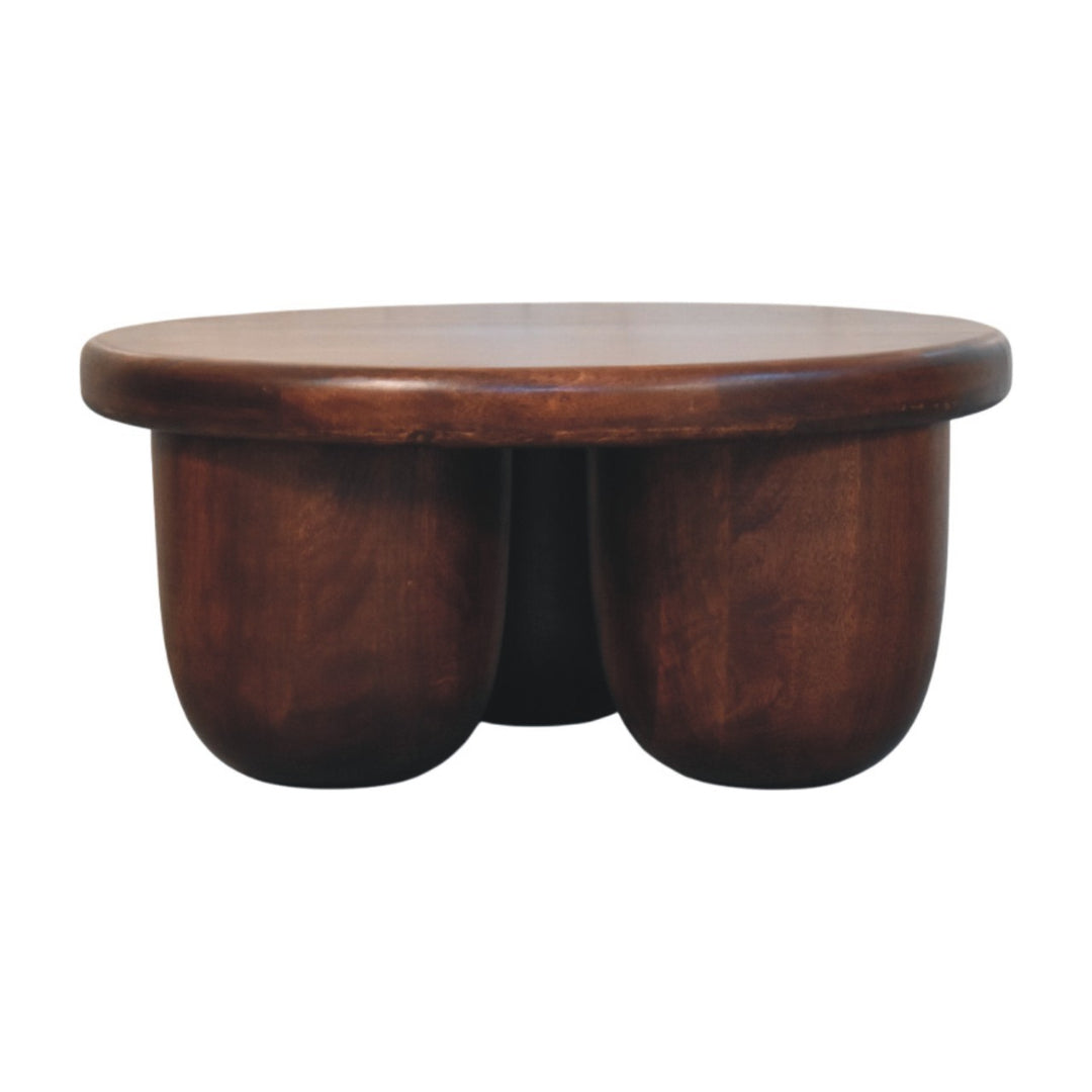 Brown Lacquered Winewood Oak Solid Mango Wood Clara Carved Coffee Table with Sculptural Pillar Legs