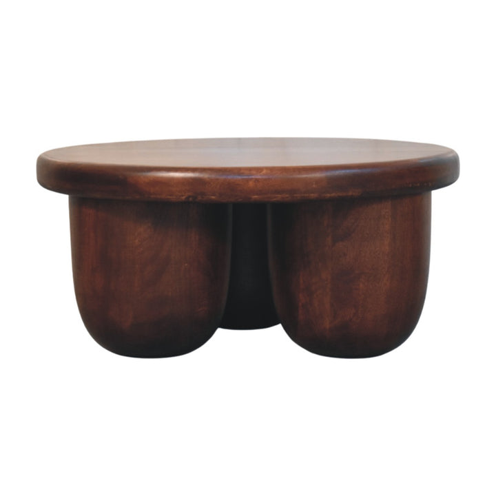 Brown Lacquered Winewood Oak Solid Mango Wood Clara Carved Coffee Table with Sculptural Pillar Legs